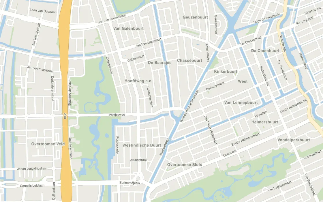 Kaart van de Baarsjes en omgeving met daarop de drie praktijken van Fysio de Baarsjes
